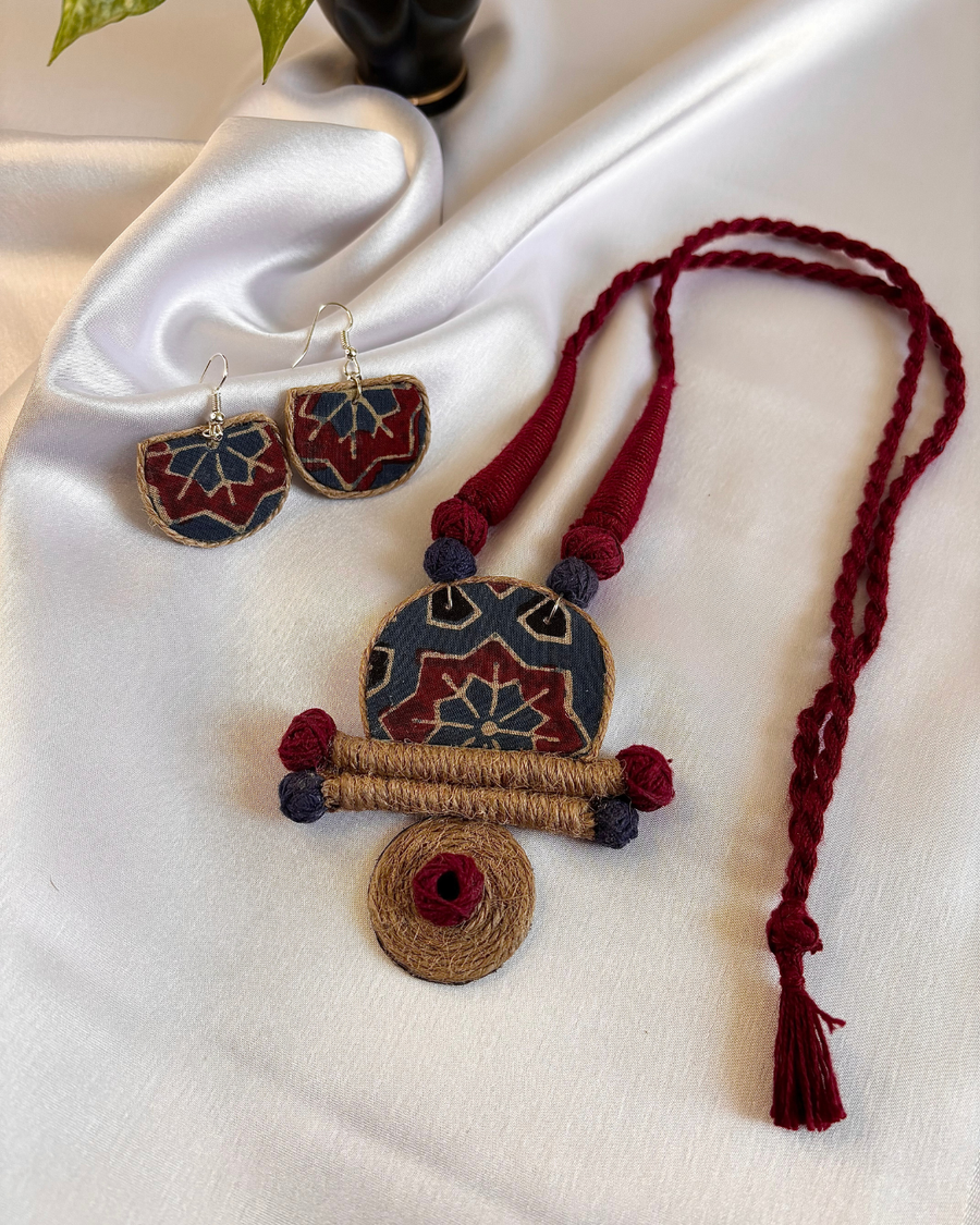Geometric Fabric and Jute Necklace
