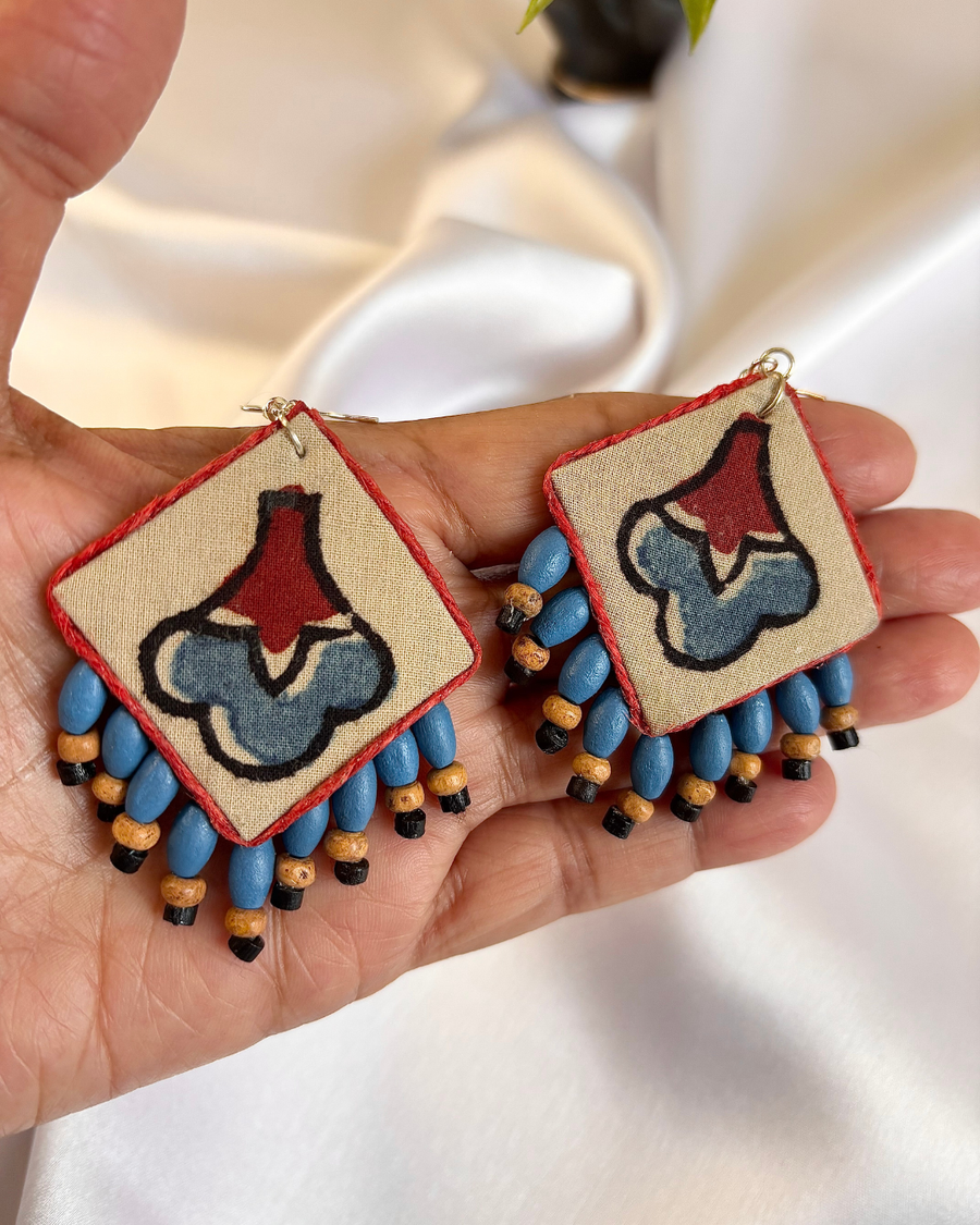 Blockprint square earrings with beads