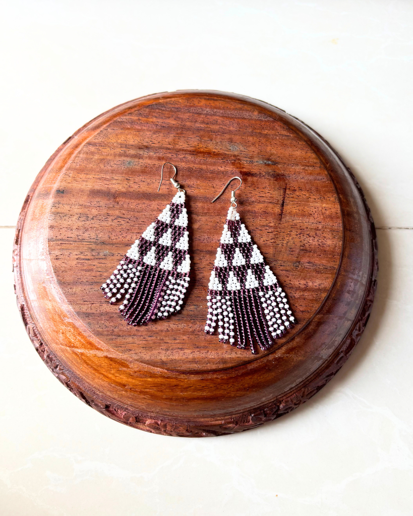 Purple and White fringe Seedbead Earrings