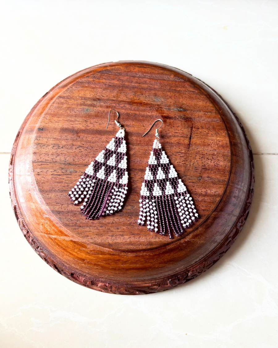 Purple and White fringe Seedbead Earrings