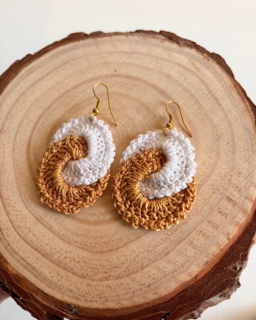 Gold & White Spiral Crochet Earrings