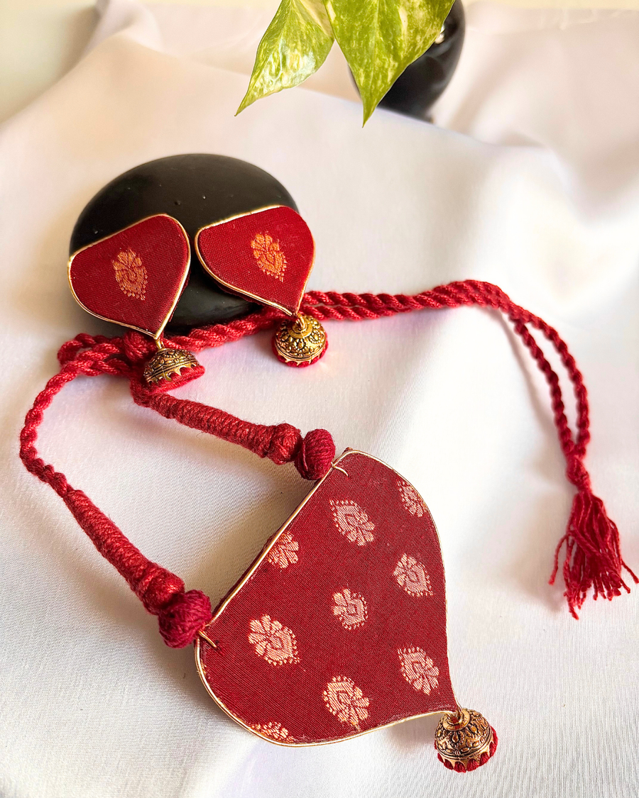 Maroon Brocade Fabric Necklace